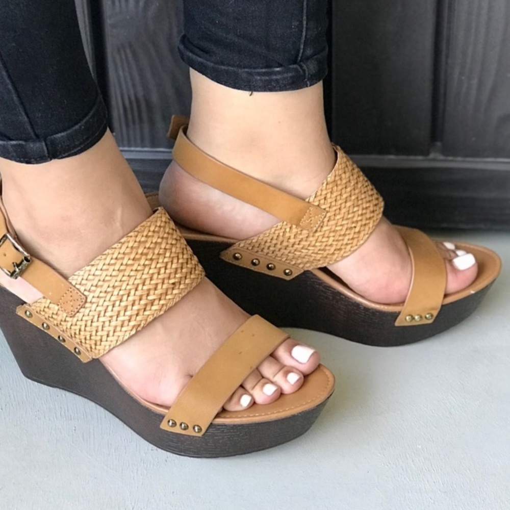 Tan‎ Double Straps Chic Leather Platform Wedges
